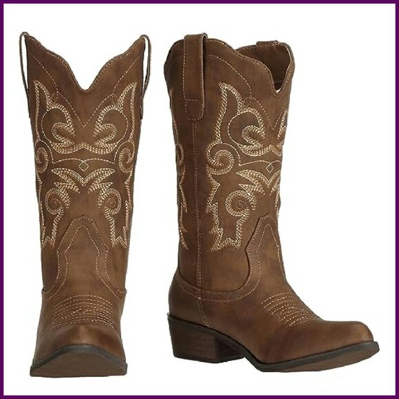 Women's Western Cowgirl Boots Mid Wide Calf Pointed Toe Riding Country - Picture 6 of 8
